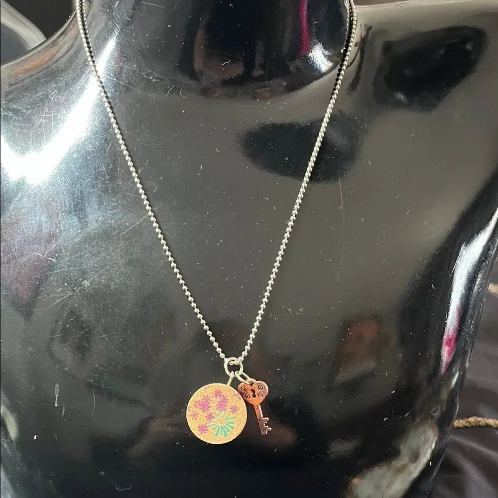 Handcrafted Necklace with Floral cork Pendant and Key Charm